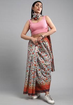 Sea Green Printed Blended Saree Set