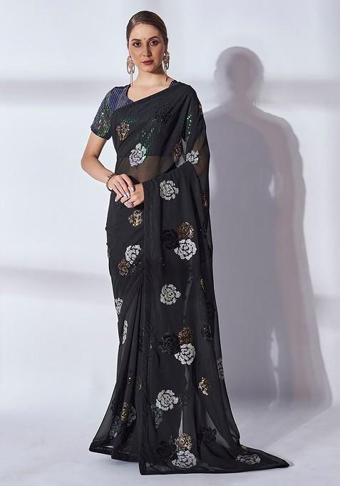 Black Embellished Blended Saree Set