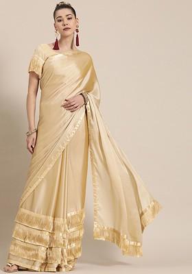 Cream Embroidered Blended Saree Set