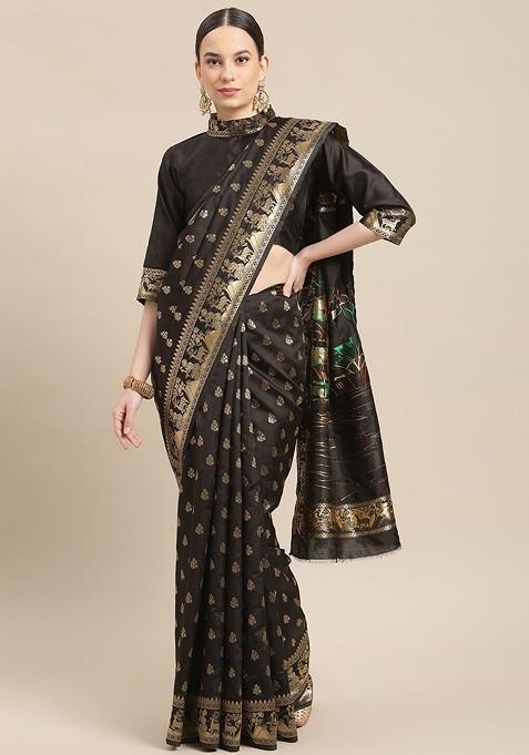 Black Jacquard Blended Saree Set — view on Indya