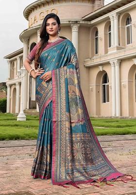 Sea Green Printed Blended Saree Set
