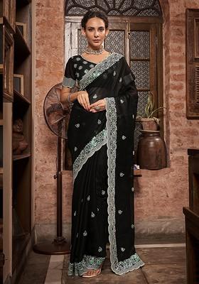 Black Printed Blended Saree Set