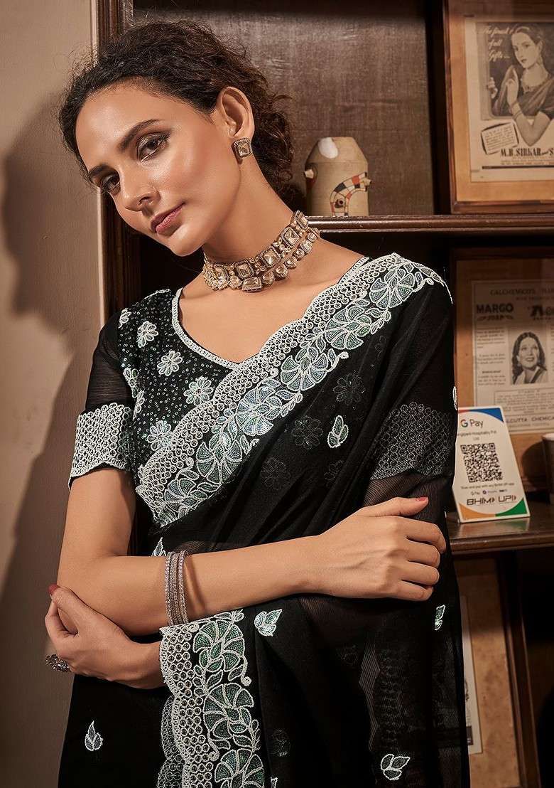 Black Printed Blended Saree Set for Diwali and Festive Wear - Indya