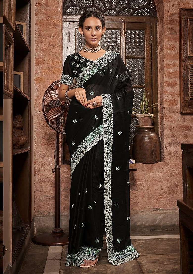 Black Printed Blended Saree Set for Diwali and Festive Wear - Indya