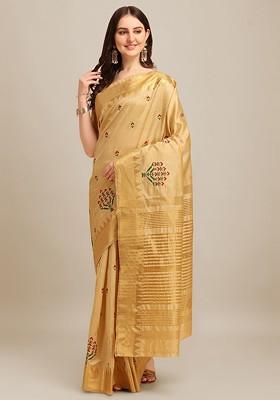 Cream Embroidered Blended Saree Set