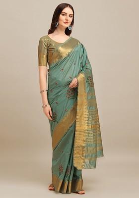 Turquoise Blue Embroidered Blended Saree Set