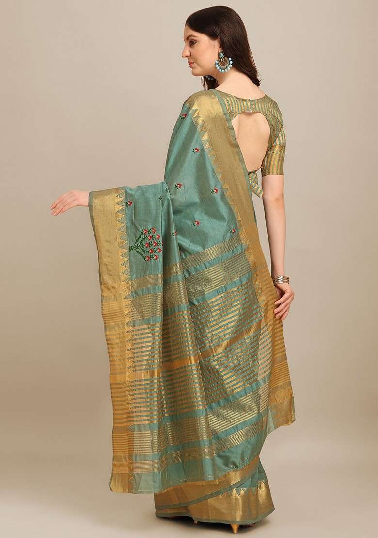 Turquoise Blue Embroidered Blended Saree Set for Diwali and Festive Wear - Indya