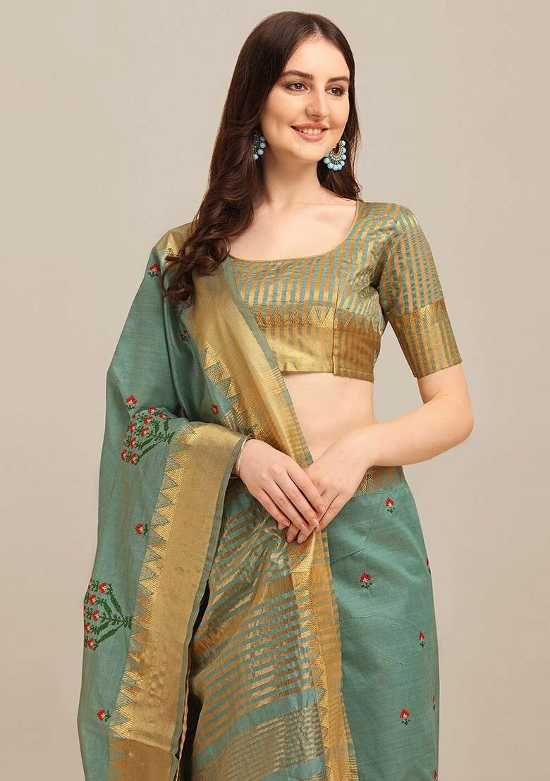 Turquoise Blue Embroidered Blended Saree Set for Diwali and Festive Wear - Indya