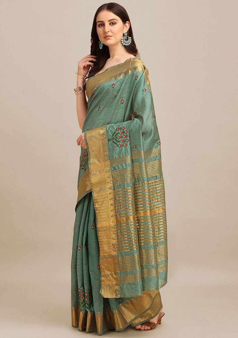 Turquoise Blue Embroidered Blended Saree Set for Diwali and Festive Wear - Indya