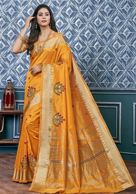 Yellow Embroidered Blended Saree Set