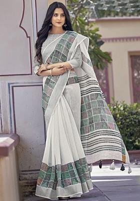 Off White Printed Blended Saree Set