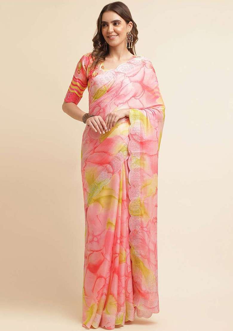 Orange Printed Blended Saree Set - Indya