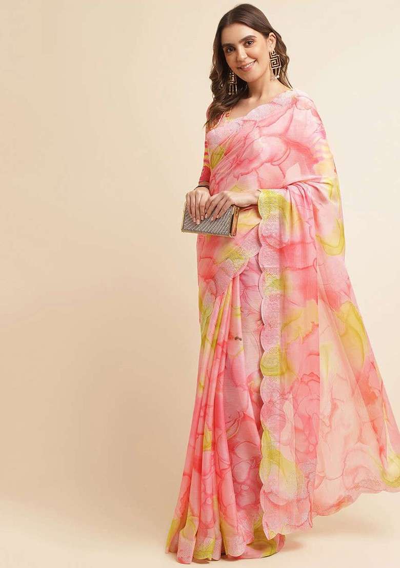 Orange Printed Blended Saree Set - Indya