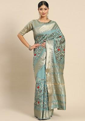 Turquoise Blue Printed Blended Saree Set