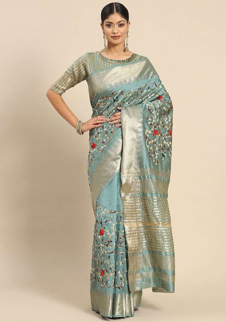 Turquoise Blue Printed Blended Saree Set - Indya