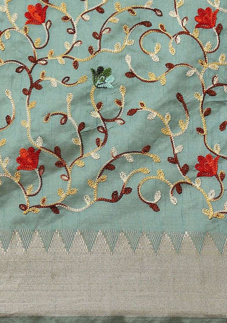 Turquoise Blue Printed Blended Saree Set - Indya