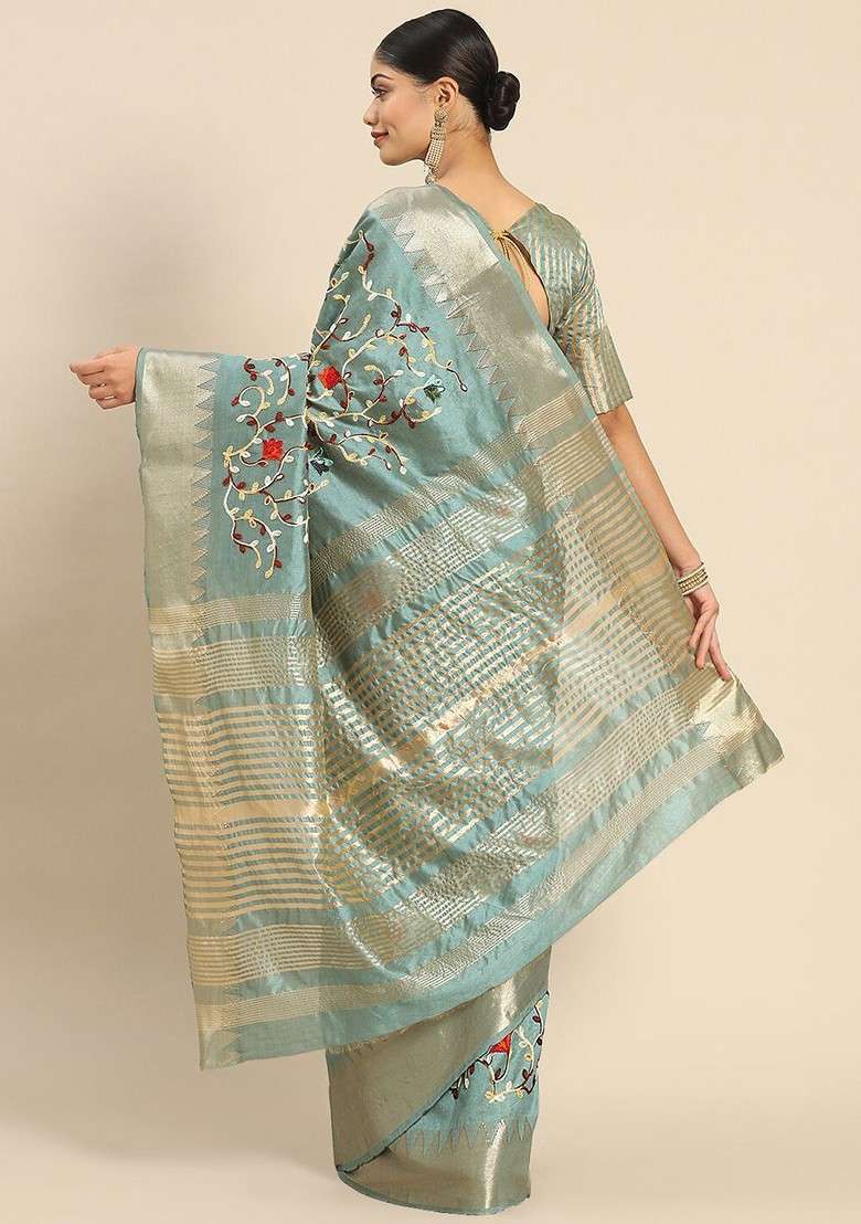 Turquoise Blue Printed Blended Saree Set - Indya