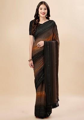 Brown Embroidered Blended Saree Set