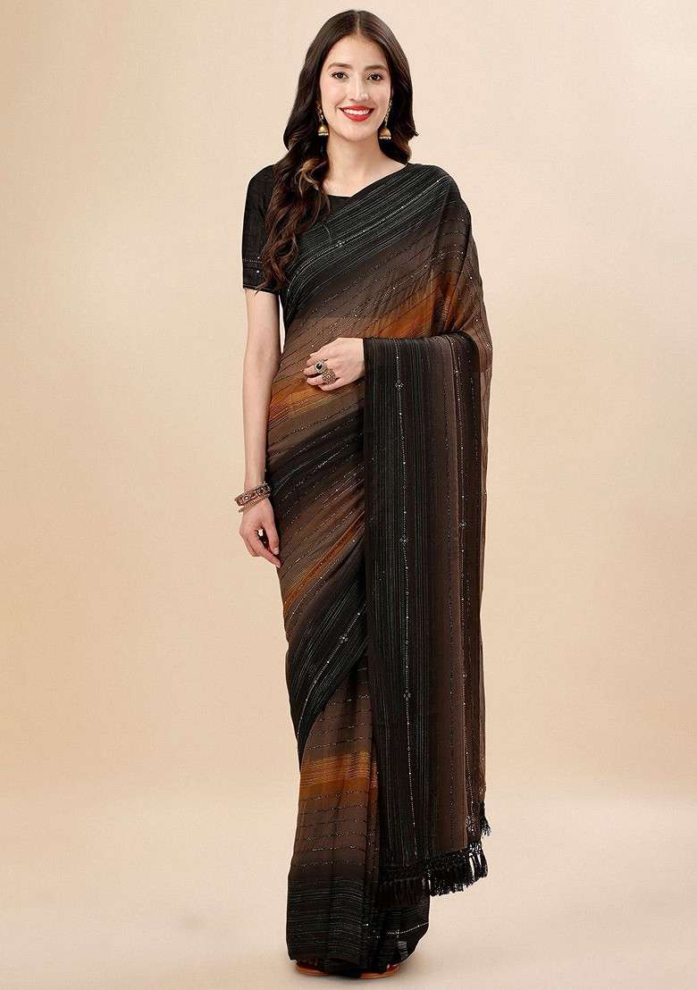 Brown Embroidered Blended Saree Set - Indya