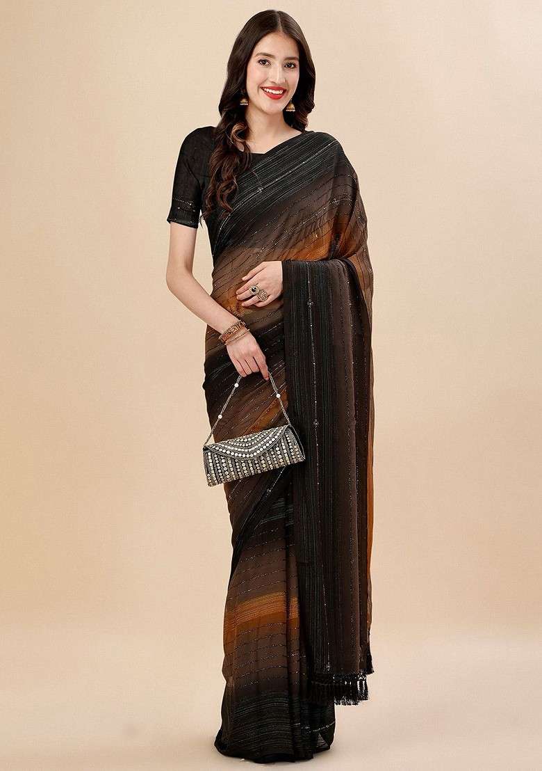 Brown Embroidered Blended Saree Set - Indya