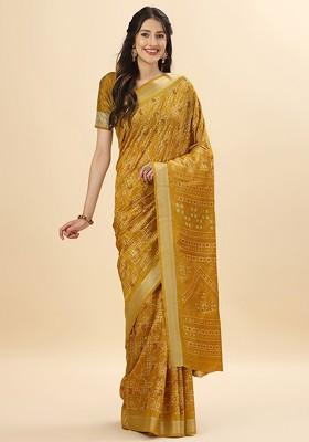 Mustard Embroidered Blended Saree Set