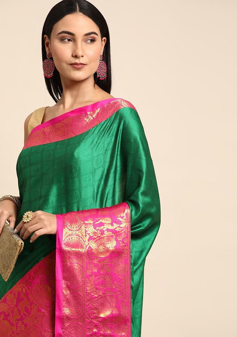 Green Jacquard Blended Saree Set