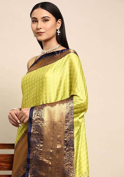 Olive Blended Jacquard Saree Set for Diwali | Wedding & Festive Wear
