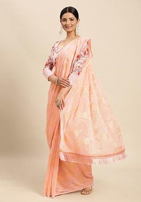 Pink Printed Blended Saree Set