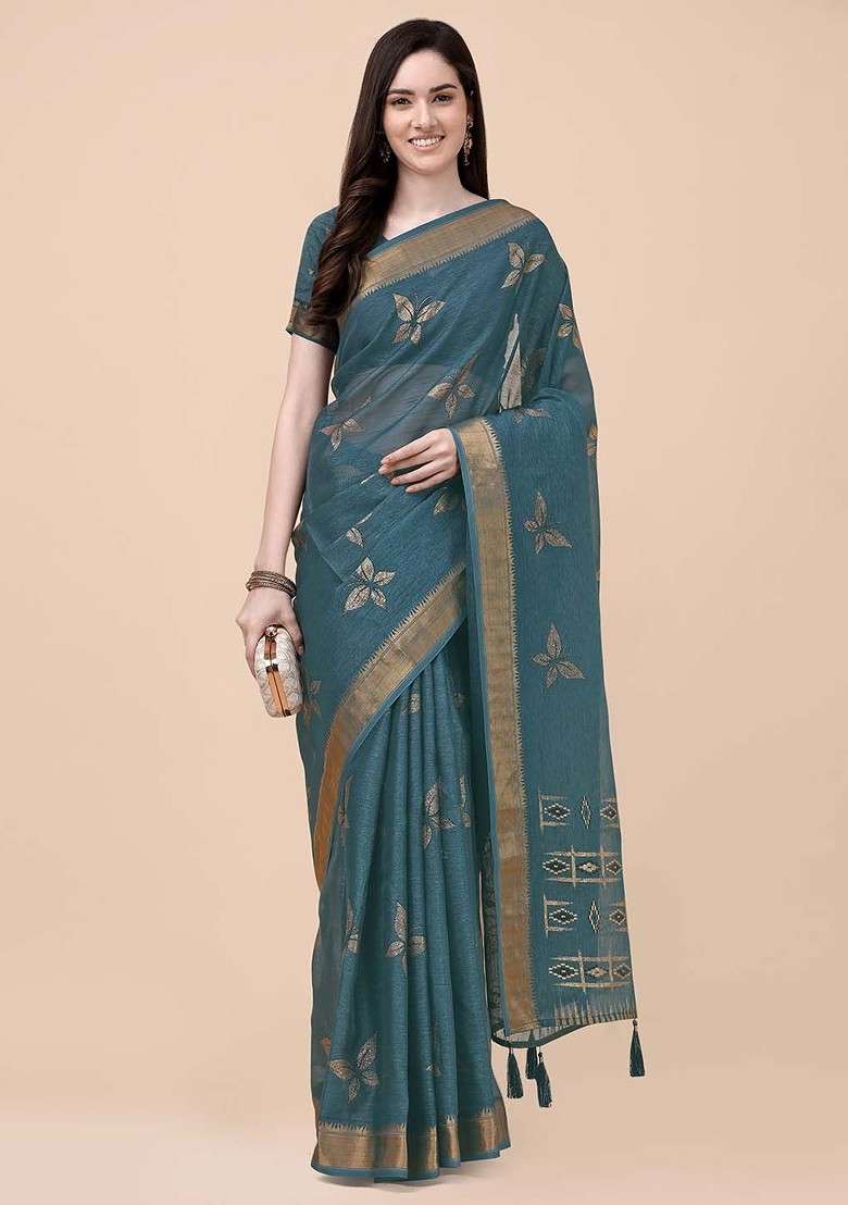 Teal Printed Blended Saree Set - Indya