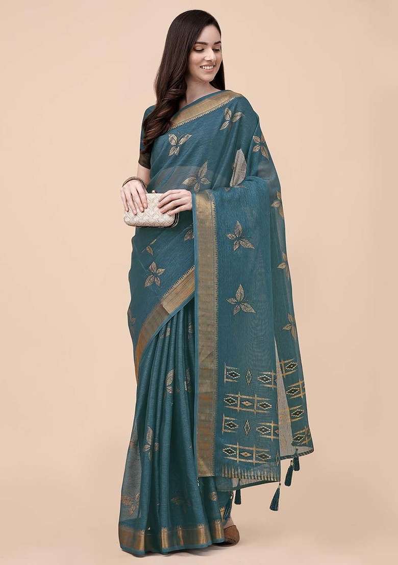 Teal Printed Blended Saree Set - Indya