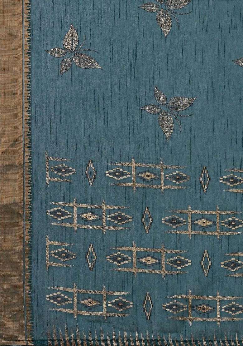 Teal Printed Blended Saree Set - Indya