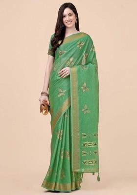 Sea Green Printed Blended Saree Set