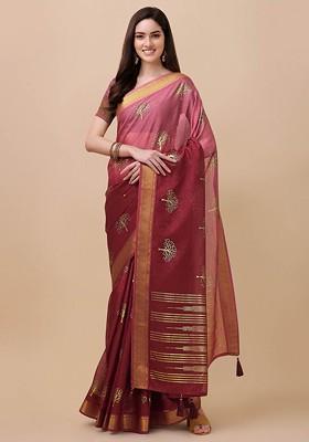 Pink Printed Blended Saree Set