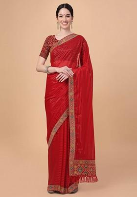 Red Embroidered Blended Saree Set