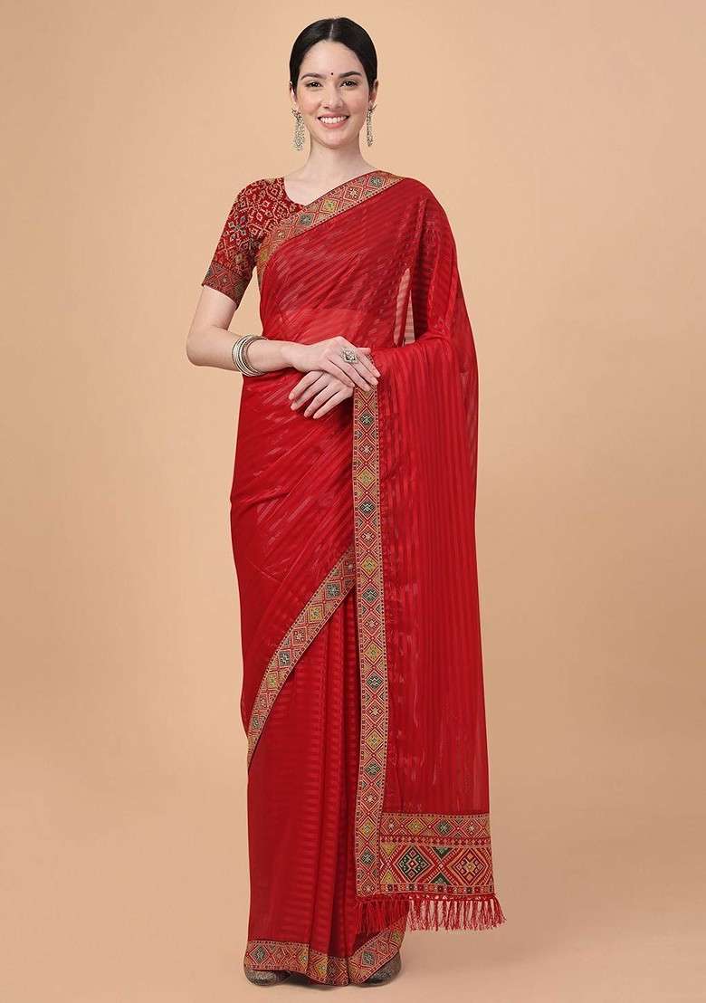 Red Embroidered Blended Saree Set - Indya