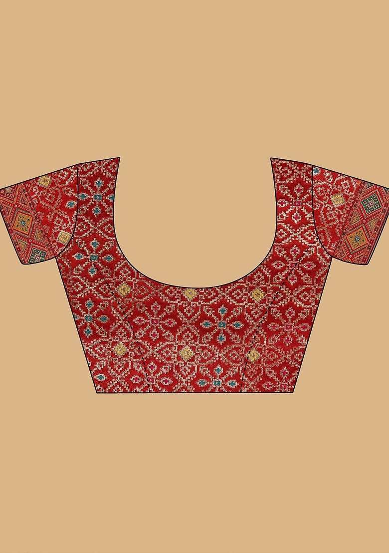 Red Embroidered Blended Saree Set - Indya