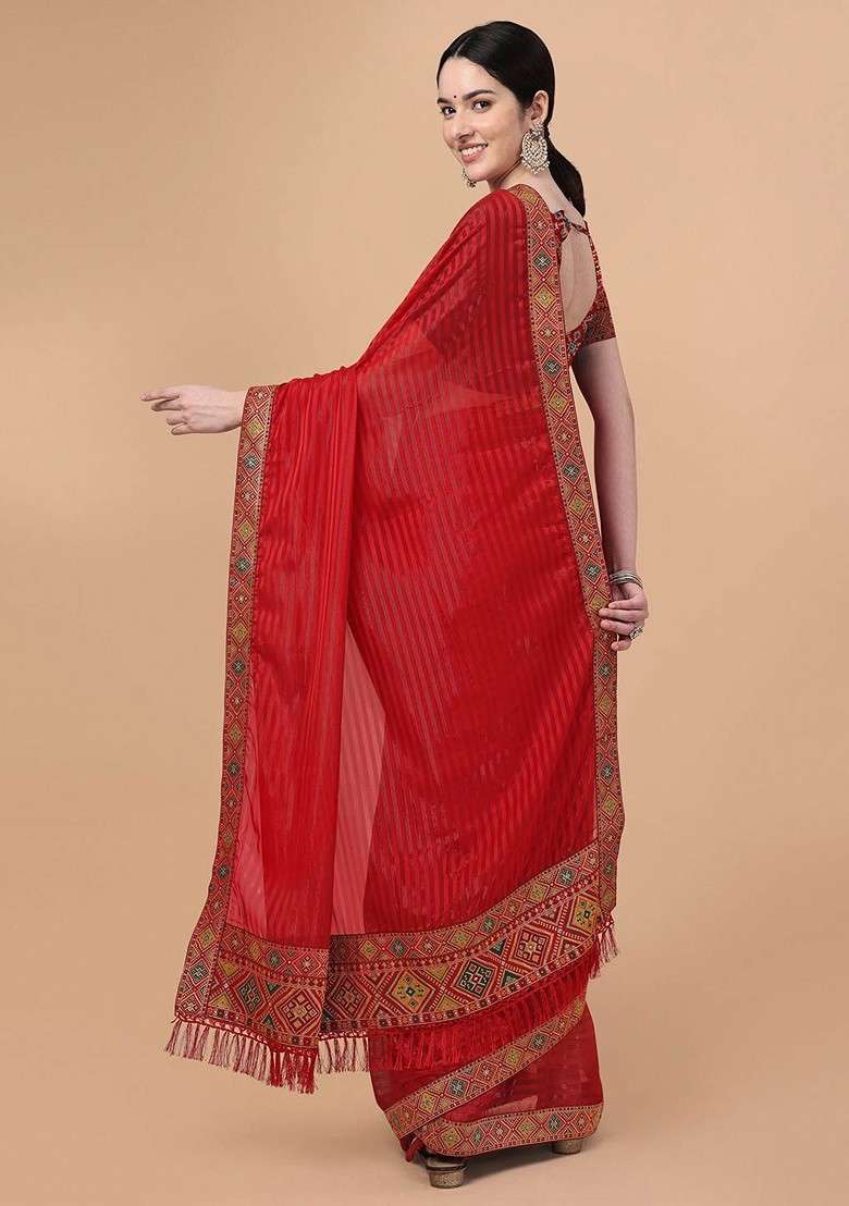 Red Embroidered Blended Saree Set - Indya