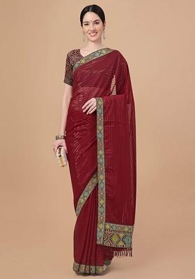 Maroon Embroidered Blended Saree Set