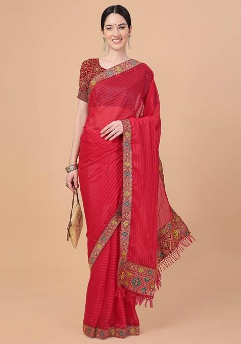 Pink Embroidered Blended Saree Set
