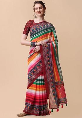 Maroon Embroidered Blended Saree Set