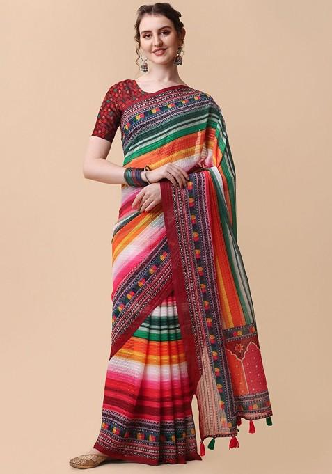 Maroon Embroidered Blended Saree Set