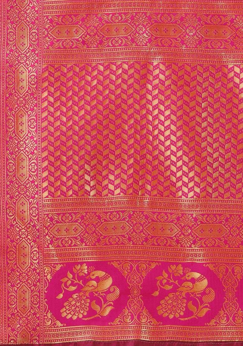 Magenta Jacquard Blended Saree Set for Diwali and Festive Wear - Indya