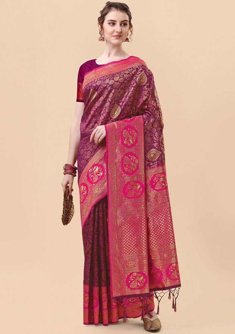 Magenta Jacquard Blended Saree Set for Diwali and Festive Wear - Indya