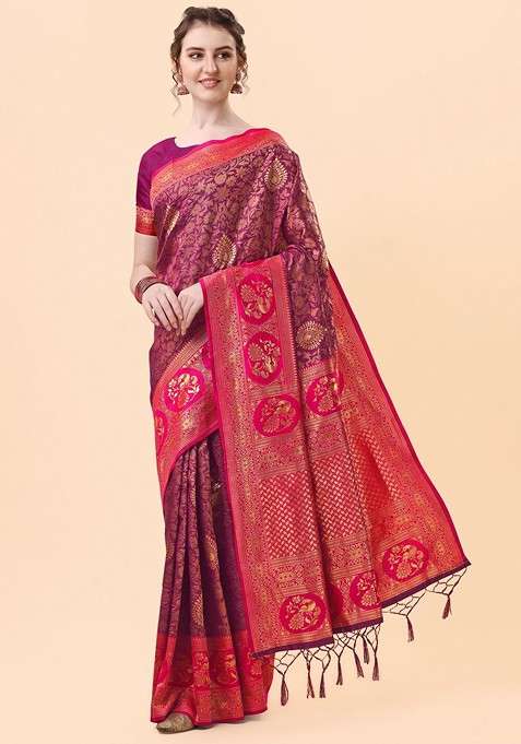 Magenta Jacquard Blended Saree Set for Diwali and Festive Wear