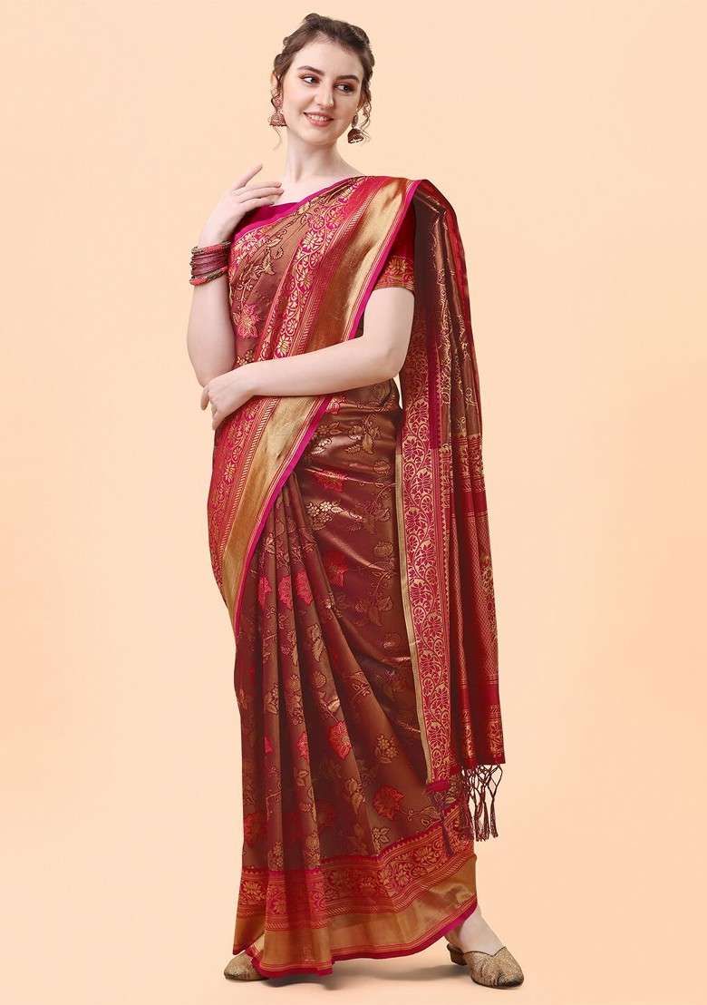 Brown Jacquard Blended Saree Set for Diwali and Festive Wear - Indya