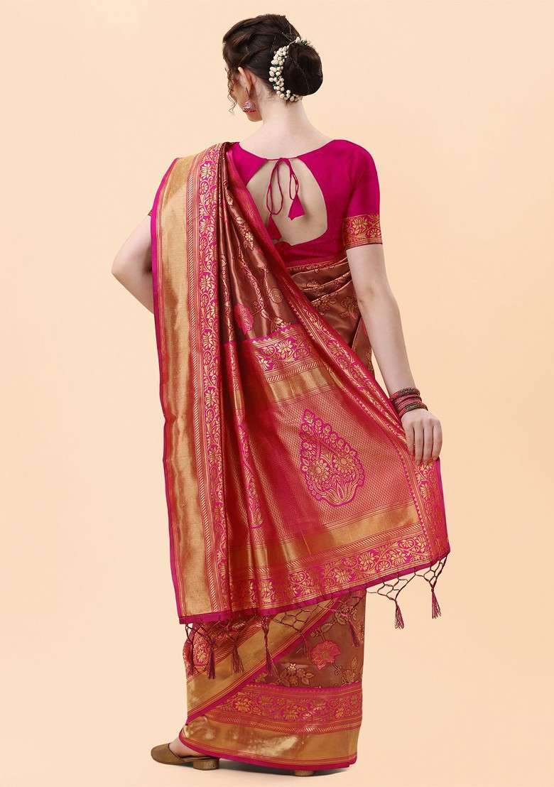 Brown Jacquard Blended Saree Set for Diwali and Festive Wear - Indya