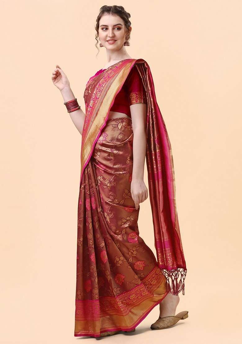 Brown Jacquard Blended Saree Set for Diwali and Festive Wear - Indya