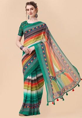 Turquoise Blue Embroidered Blended Saree Set