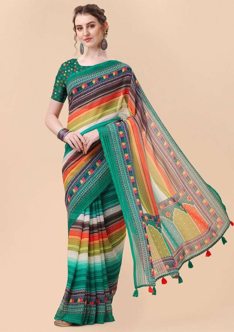 Turquoise Blue Embroidered Blended Saree Set - Indya