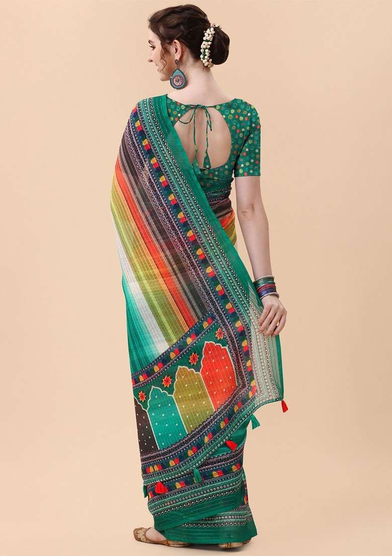 Turquoise Blue Embroidered Blended Saree Set - Indya